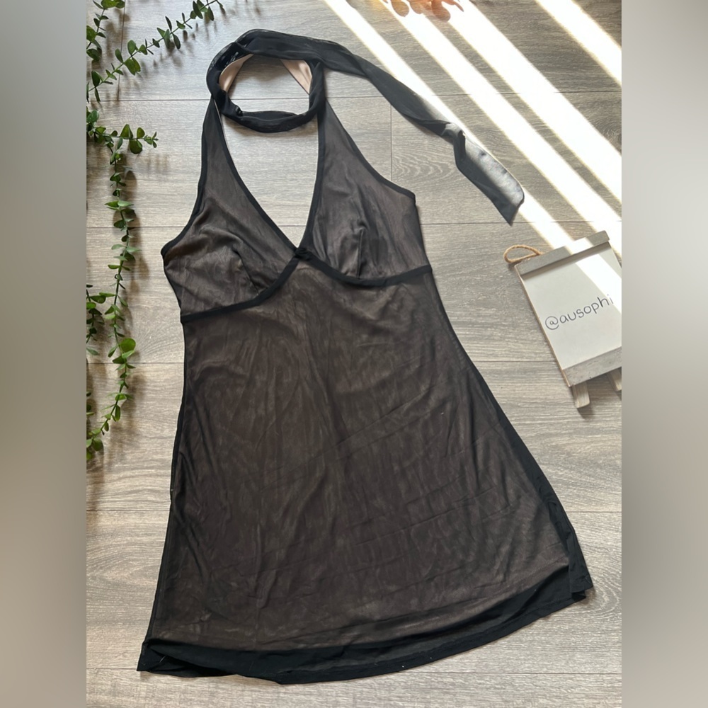 Wild Fable Sheer Enony Black Halter Mini Dress w Attached Scarf. Size XS NWT!